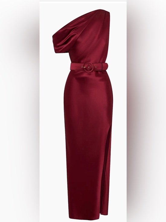 NICHOLAS Dresses & Skirts - NICHOLAS One-Shoulder Burgundy Satin Gown with Belt